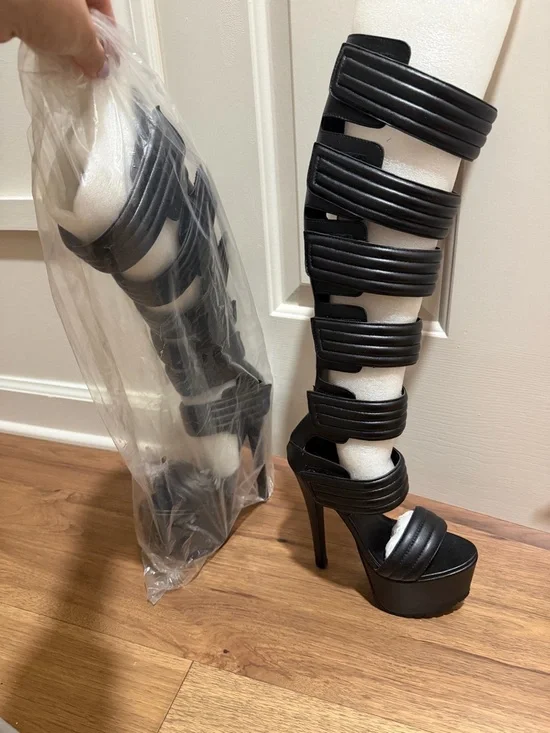 Privileged NEW 6 black platform festival gladiator knee high boots heels booties - Picture 4 of 4